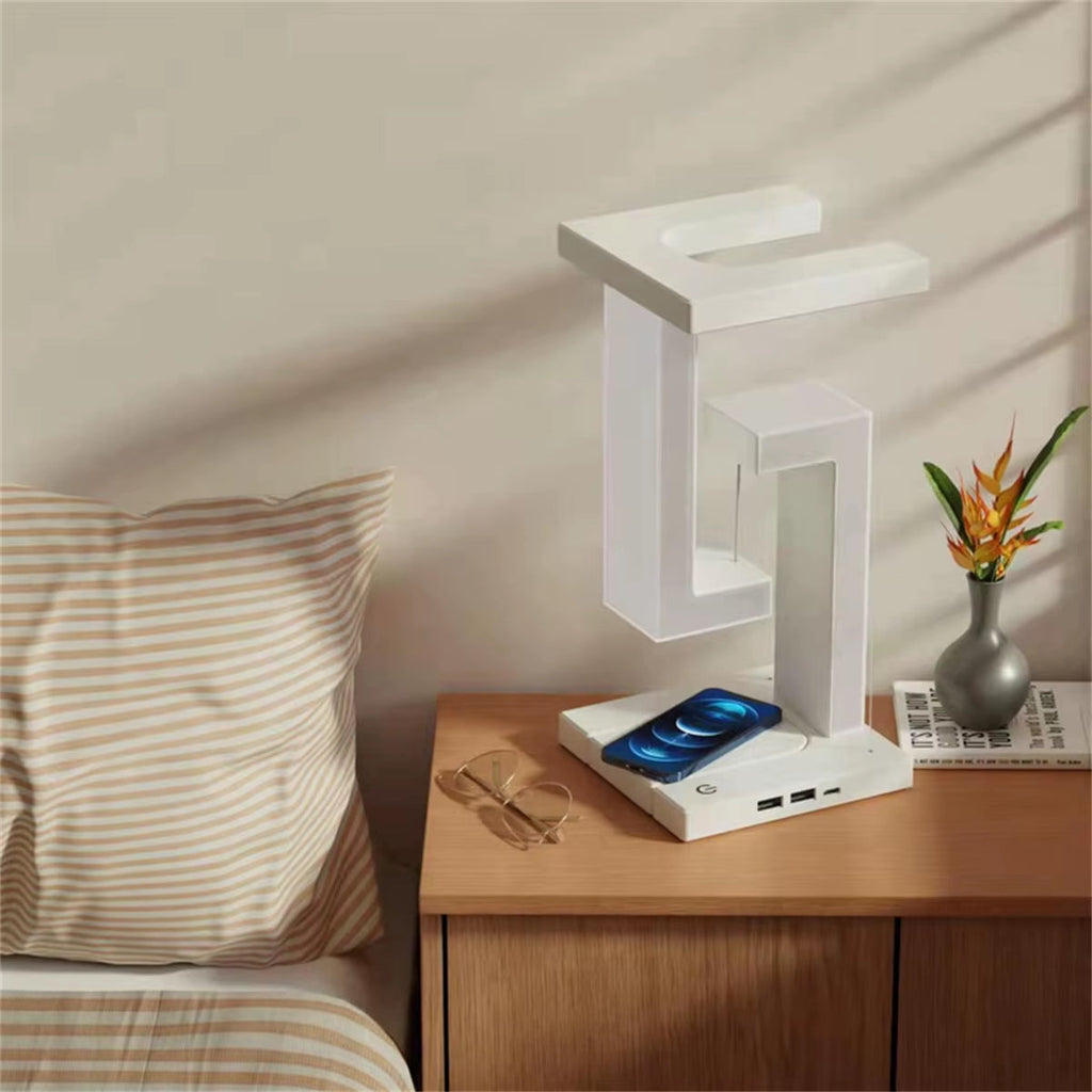 Innovative Floating Desk Lamp with Wireless Charging & USB Port - Perfect Bedside Companion for Your Devices
