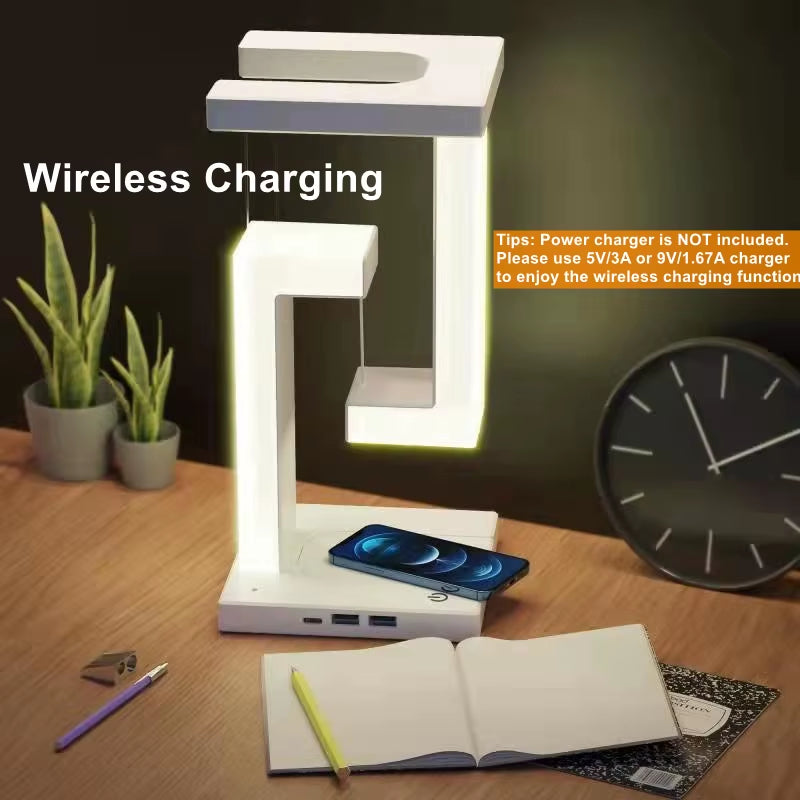 Innovative Floating Desk Lamp with Wireless Charging & USB Port - Perfect Bedside Companion for Your Devices
