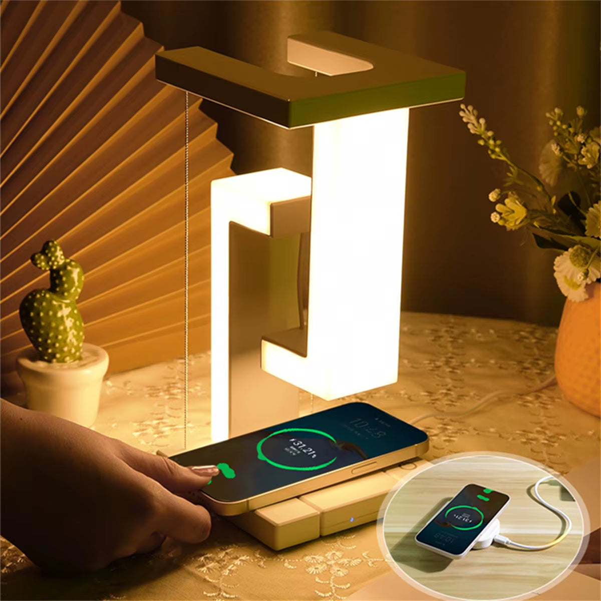Innovative Floating Desk Lamp with Wireless Charging & USB Port - Perfect Bedside Companion for Your Devices