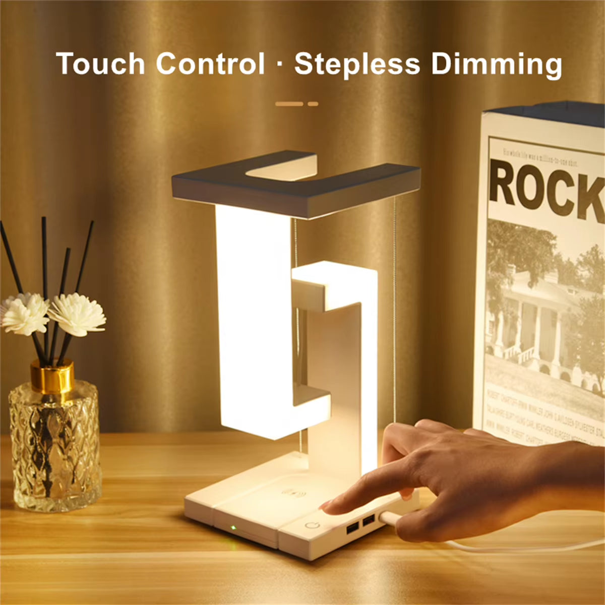 Innovative Floating Desk Lamp with Wireless Charging & USB Port - Perfect Bedside Companion for Your Devices