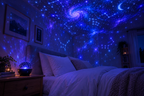 Star projector casting galaxy of stars across a cozy bedroom ceiling at night