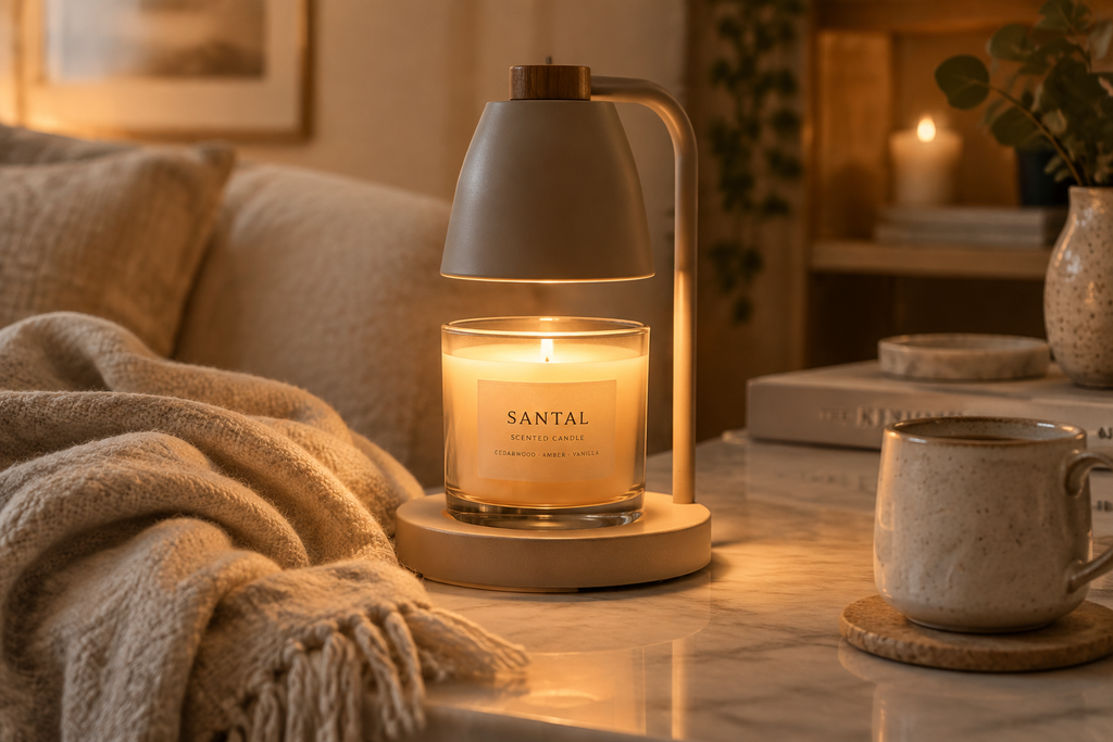 Candle warmer lamp glowing softly above a scented candle on a marble surface in a cozy home setting