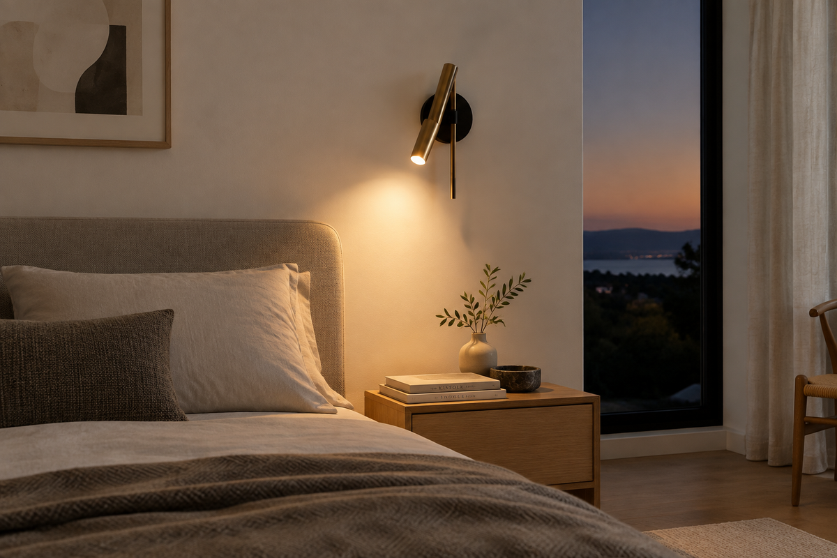 Modern gold and black LED wall sconce mounted in a minimalist bedroom casting warm light